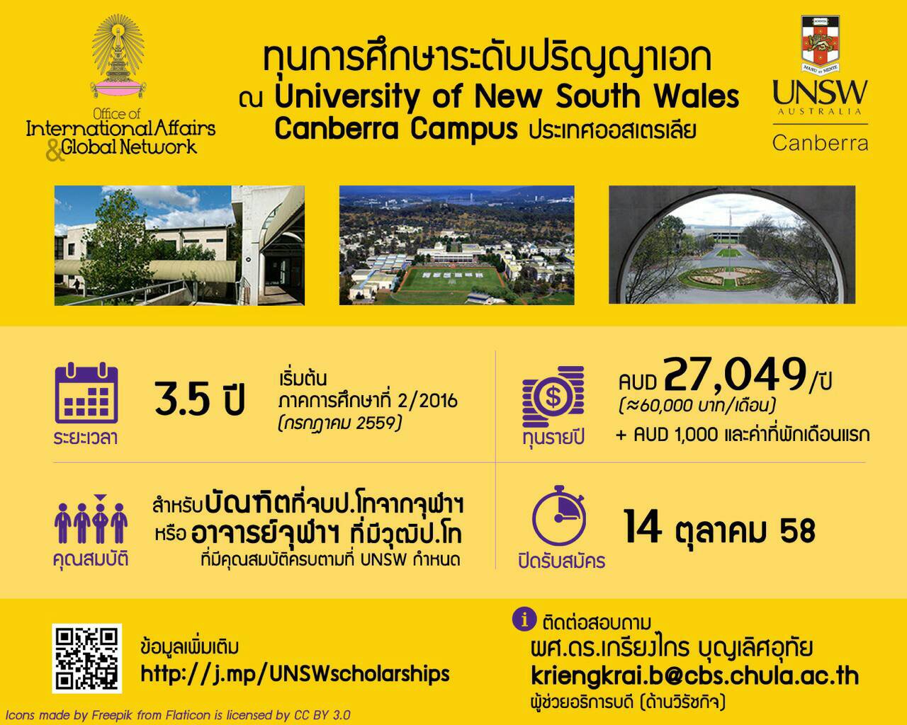 ขยายเวลาการรับสมัครทุนการศึกษาระดับปริญญาเอก ณ University of New South Wales Canberra Campus 
ประเทศออสเตรเลีย หมดเขตภายใน 31 ตุลาคมนี้