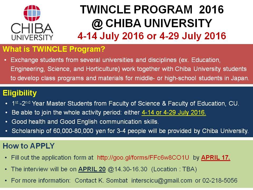 ประกาศรับสมัครนิสิตเข้าร่วมโครงการ TWINCLE Program 2016 ที่ Chiba University