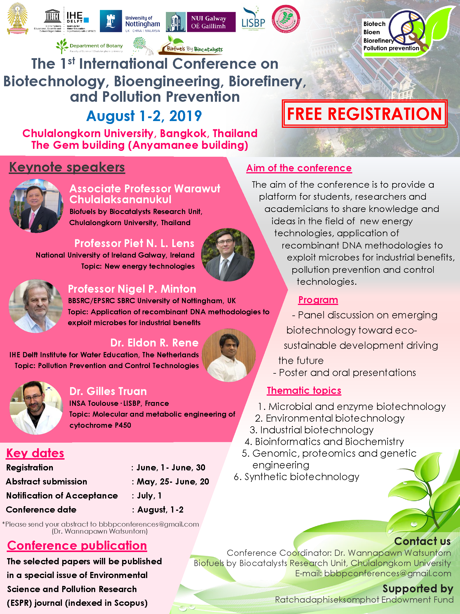 ประชาสัมพันธ์งานประชุมวิชาการ
The 1st International Conference on Biotechnology, Bioengineering, Biorefinery and Pollution Prevention