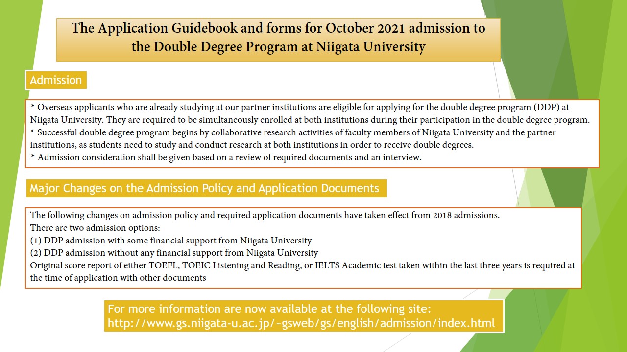 The Application Guidebook and forms for October 2021 admission to the Double Degree Program at Niigata University