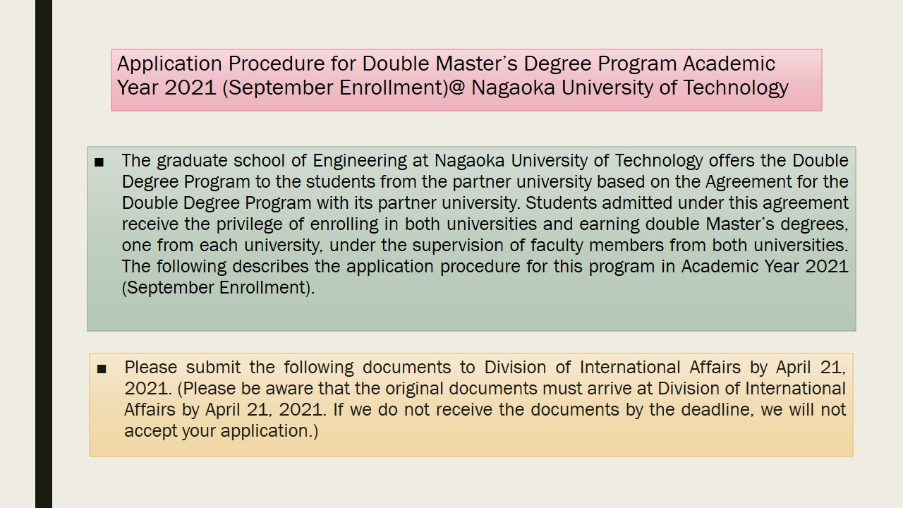 Application Procedure for Double Master’s Degree Program Academic Year 2021 (September Enrollment) @ Nagaoka University of Technology